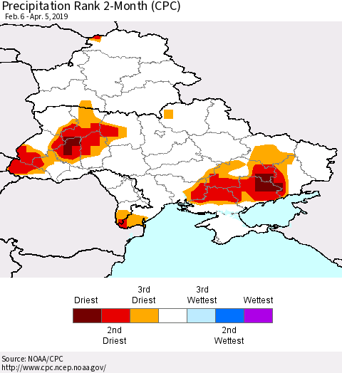 Ukraine, Moldova and Belarus Precipitation Rank 2-Month (CPC) Thematic Map For 2/6/2019 - 4/5/2019