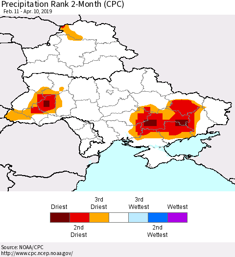 Ukraine, Moldova and Belarus Precipitation Rank 2-Month (CPC) Thematic Map For 2/11/2019 - 4/10/2019