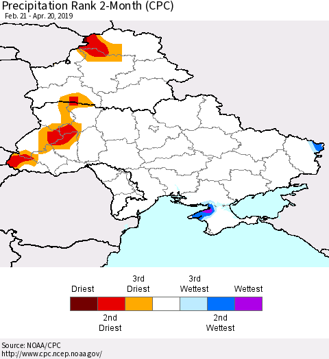 Ukraine, Moldova and Belarus Precipitation Rank 2-Month (CPC) Thematic Map For 2/21/2019 - 4/20/2019