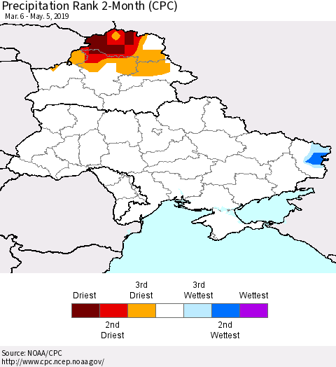 Ukraine, Moldova and Belarus Precipitation Rank 2-Month (CPC) Thematic Map For 3/6/2019 - 5/5/2019