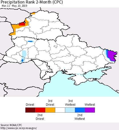 Ukraine, Moldova and Belarus Precipitation Rank 2-Month (CPC) Thematic Map For 3/11/2019 - 5/10/2019