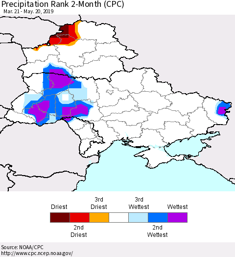 Ukraine, Moldova and Belarus Precipitation Rank 2-Month (CPC) Thematic Map For 3/21/2019 - 5/20/2019
