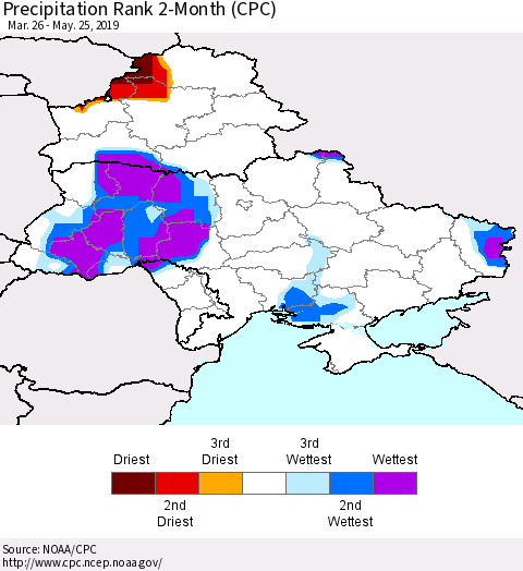 Ukraine, Moldova and Belarus Precipitation Rank 2-Month (CPC) Thematic Map For 3/26/2019 - 5/25/2019
