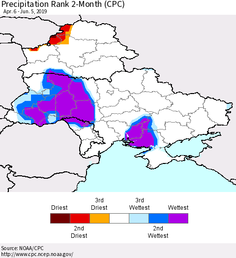 Ukraine, Moldova and Belarus Precipitation Rank 2-Month (CPC) Thematic Map For 4/6/2019 - 6/5/2019