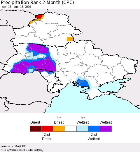 Ukraine, Moldova and Belarus Precipitation Rank since 1981, 2-Month (CPC) Thematic Map For 4/16/2019 - 6/15/2019