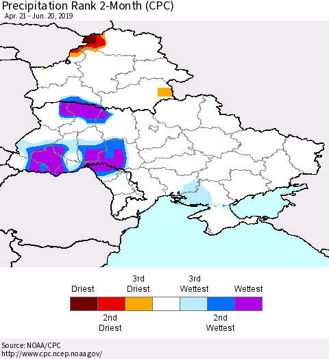 Ukraine, Moldova and Belarus Precipitation Rank since 1981, 2-Month (CPC) Thematic Map For 4/21/2019 - 6/20/2019