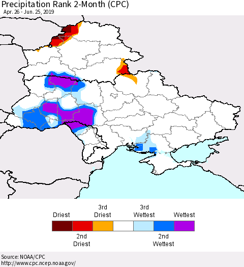 Ukraine, Moldova and Belarus Precipitation Rank since 1981, 2-Month (CPC) Thematic Map For 4/26/2019 - 6/25/2019