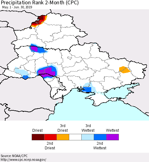Ukraine, Moldova and Belarus Precipitation Rank since 1981, 2-Month (CPC) Thematic Map For 5/1/2019 - 6/30/2019