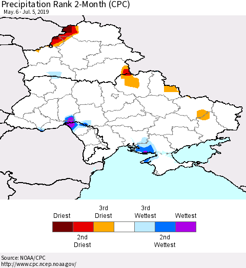Ukraine, Moldova and Belarus Precipitation Rank 2-Month (CPC) Thematic Map For 5/6/2019 - 7/5/2019
