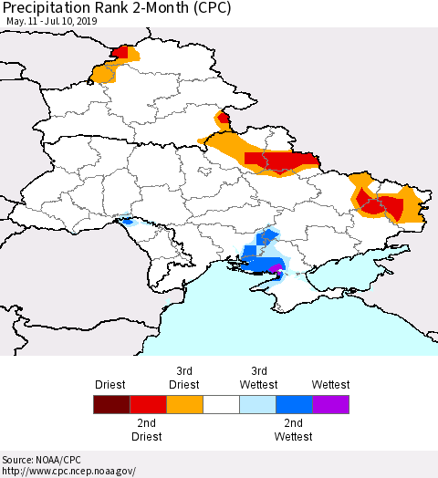 Ukraine, Moldova and Belarus Precipitation Rank since 1981, 2-Month (CPC) Thematic Map For 5/11/2019 - 7/10/2019