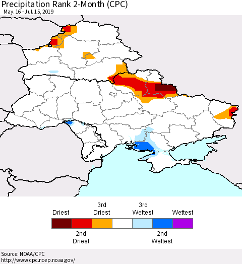 Ukraine, Moldova and Belarus Precipitation Rank 2-Month (CPC) Thematic Map For 5/16/2019 - 7/15/2019