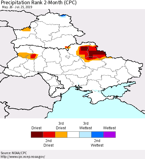 Ukraine, Moldova and Belarus Precipitation Rank 2-Month (CPC) Thematic Map For 5/26/2019 - 7/25/2019