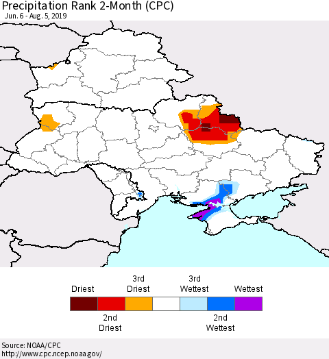 Ukraine, Moldova and Belarus Precipitation Rank since 1981, 2-Month (CPC) Thematic Map For 6/6/2019 - 8/5/2019