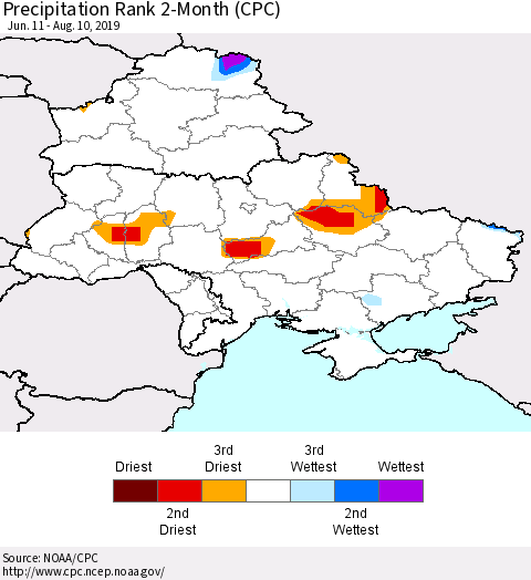 Ukraine, Moldova and Belarus Precipitation Rank 2-Month (CPC) Thematic Map For 6/11/2019 - 8/10/2019