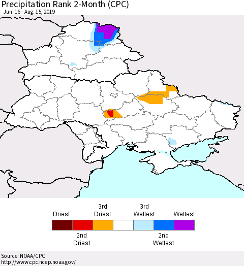 Ukraine, Moldova and Belarus Precipitation Rank 2-Month (CPC) Thematic Map For 6/16/2019 - 8/15/2019