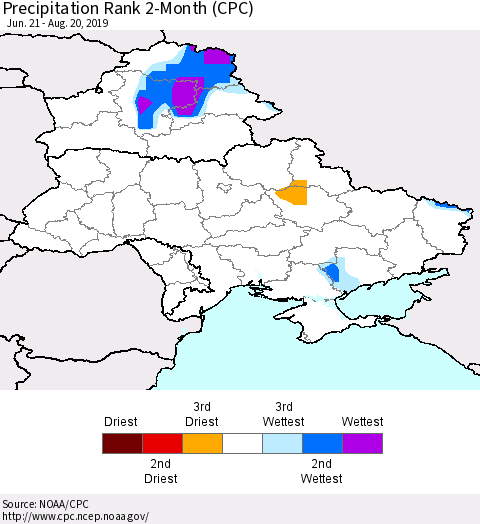 Ukraine, Moldova and Belarus Precipitation Rank 2-Month (CPC) Thematic Map For 6/21/2019 - 8/20/2019