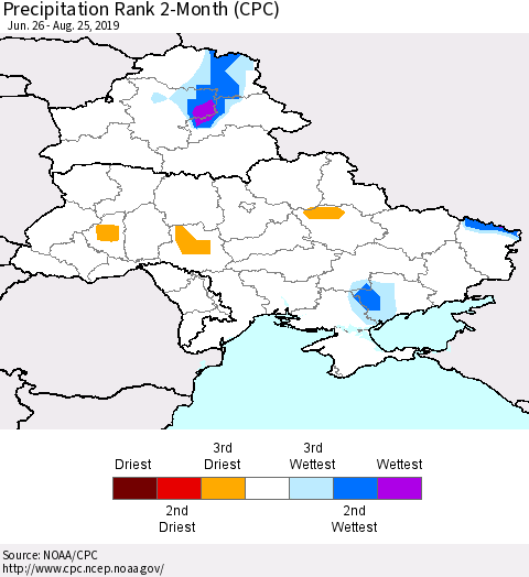 Ukraine, Moldova and Belarus Precipitation Rank since 1981, 2-Month (CPC) Thematic Map For 6/26/2019 - 8/25/2019
