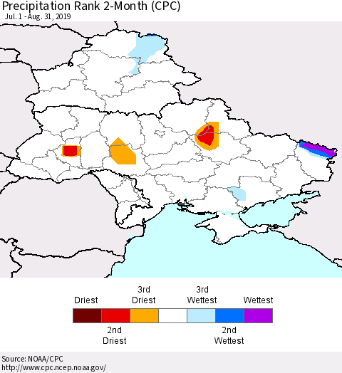 Ukraine, Moldova and Belarus Precipitation Rank 2-Month (CPC) Thematic Map For 7/1/2019 - 8/31/2019