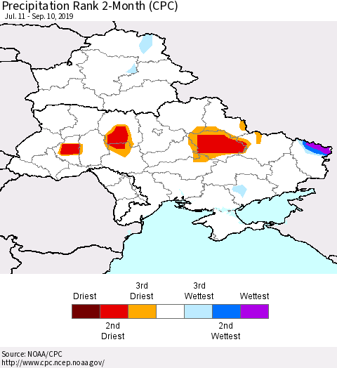 Ukraine, Moldova and Belarus Precipitation Rank 2-Month (CPC) Thematic Map For 7/11/2019 - 9/10/2019