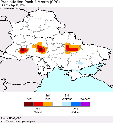 Ukraine, Moldova and Belarus Precipitation Rank 2-Month (CPC) Thematic Map For 7/21/2019 - 9/20/2019