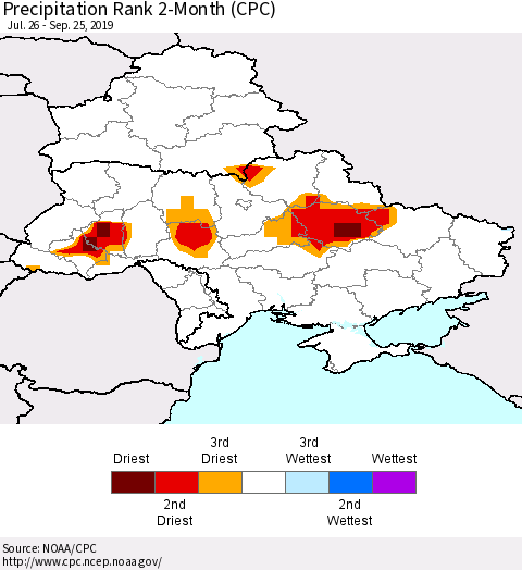 Ukraine, Moldova and Belarus Precipitation Rank since 1981, 2-Month (CPC) Thematic Map For 7/26/2019 - 9/25/2019