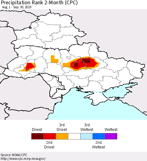 Ukraine, Moldova and Belarus Precipitation Rank 2-Month (CPC) Thematic Map For 8/1/2019 - 9/30/2019