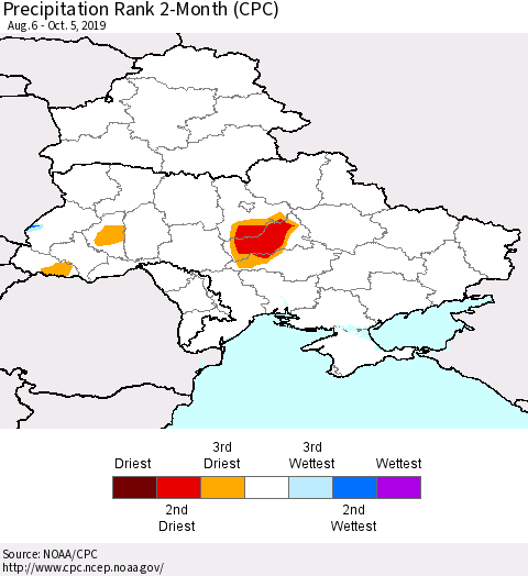 Ukraine, Moldova and Belarus Precipitation Rank since 1981, 2-Month (CPC) Thematic Map For 8/6/2019 - 10/5/2019