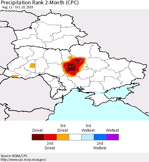 Ukraine, Moldova and Belarus Precipitation Rank since 1981, 2-Month (CPC) Thematic Map For 8/11/2019 - 10/10/2019