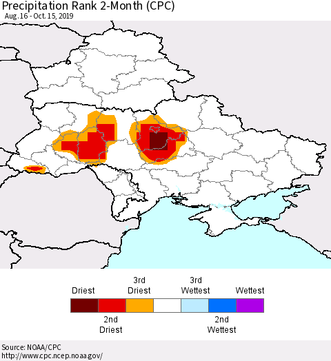 Ukraine, Moldova and Belarus Precipitation Rank 2-Month (CPC) Thematic Map For 8/16/2019 - 10/15/2019