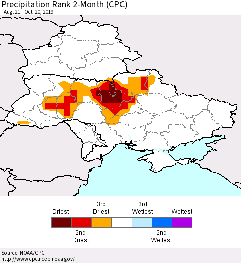 Ukraine, Moldova and Belarus Precipitation Rank 2-Month (CPC) Thematic Map For 8/21/2019 - 10/20/2019