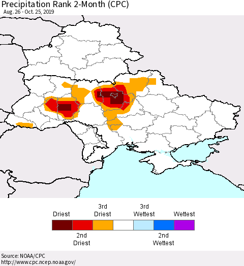 Ukraine, Moldova and Belarus Precipitation Rank 2-Month (CPC) Thematic Map For 8/26/2019 - 10/25/2019