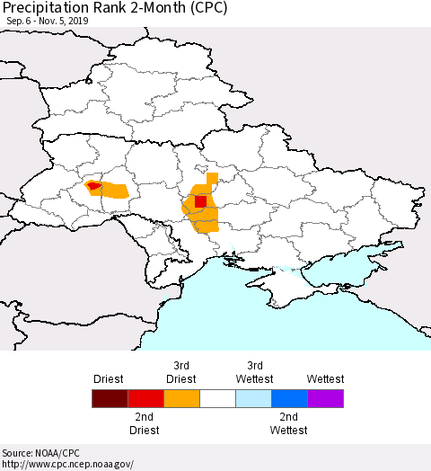 Ukraine, Moldova and Belarus Precipitation Rank since 1981, 2-Month (CPC) Thematic Map For 9/6/2019 - 11/5/2019