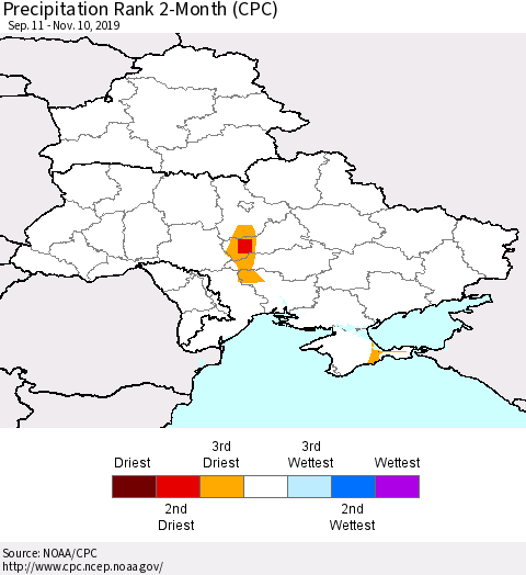 Ukraine, Moldova and Belarus Precipitation Rank since 1981, 2-Month (CPC) Thematic Map For 9/11/2019 - 11/10/2019