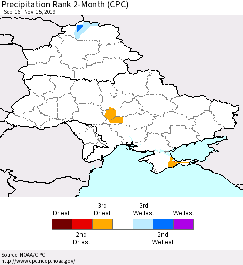 Ukraine, Moldova and Belarus Precipitation Rank 2-Month (CPC) Thematic Map For 9/16/2019 - 11/15/2019