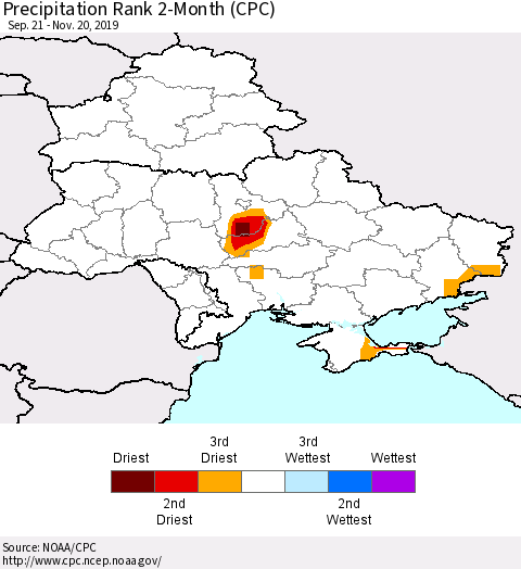 Ukraine, Moldova and Belarus Precipitation Rank 2-Month (CPC) Thematic Map For 9/21/2019 - 11/20/2019