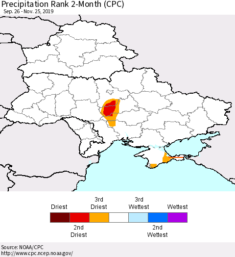 Ukraine, Moldova and Belarus Precipitation Rank 2-Month (CPC) Thematic Map For 9/26/2019 - 11/25/2019