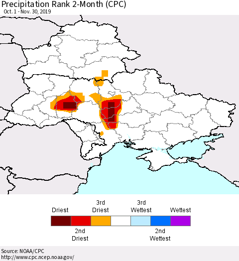 Ukraine, Moldova and Belarus Precipitation Rank 2-Month (CPC) Thematic Map For 10/1/2019 - 11/30/2019