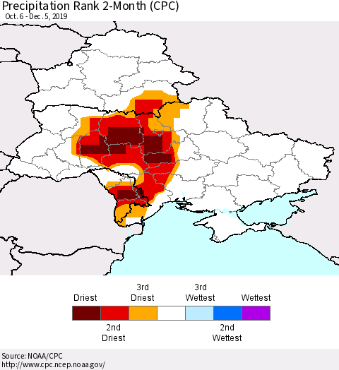 Ukraine, Moldova and Belarus Precipitation Rank 2-Month (CPC) Thematic Map For 10/6/2019 - 12/5/2019