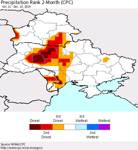 Ukraine, Moldova and Belarus Precipitation Rank 2-Month (CPC) Thematic Map For 10/11/2019 - 12/10/2019