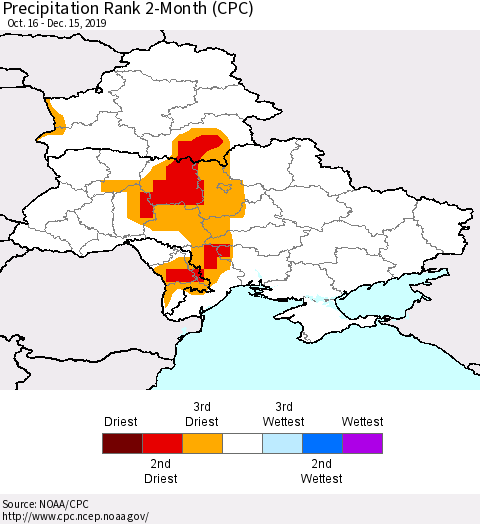 Ukraine, Moldova and Belarus Precipitation Rank 2-Month (CPC) Thematic Map For 10/16/2019 - 12/15/2019