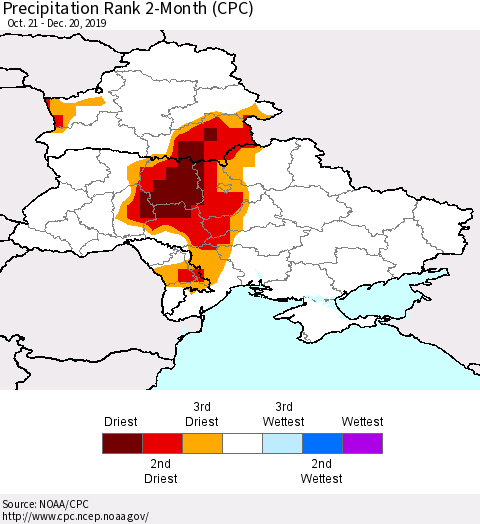Ukraine, Moldova and Belarus Precipitation Rank 2-Month (CPC) Thematic Map For 10/21/2019 - 12/20/2019