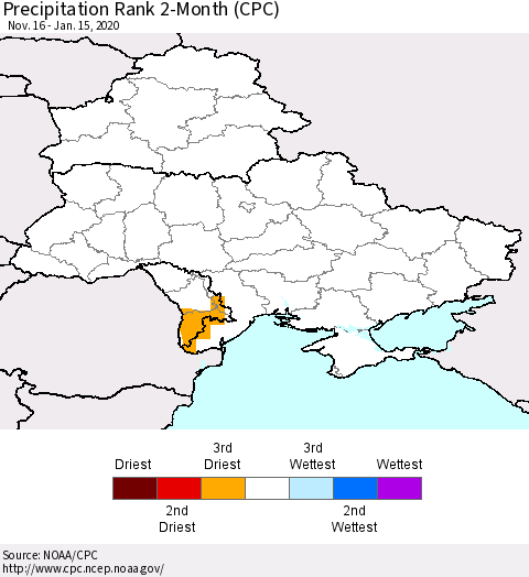 Ukraine, Moldova and Belarus Precipitation Rank 2-Month (CPC) Thematic Map For 11/16/2019 - 1/15/2020