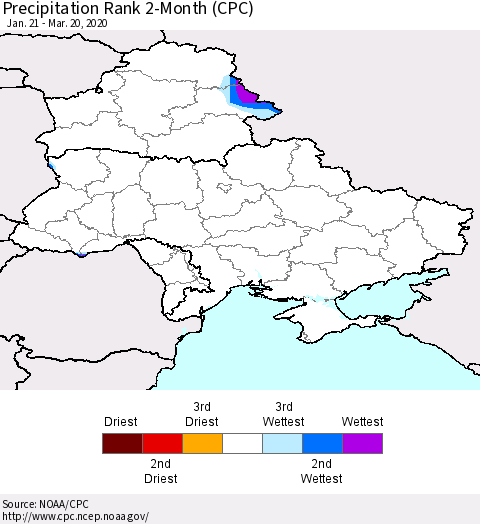 Ukraine, Moldova and Belarus Precipitation Rank 2-Month (CPC) Thematic Map For 1/21/2020 - 3/20/2020
