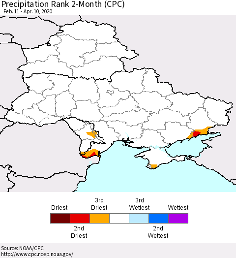 Ukraine, Moldova and Belarus Precipitation Rank 2-Month (CPC) Thematic Map For 2/11/2020 - 4/10/2020
