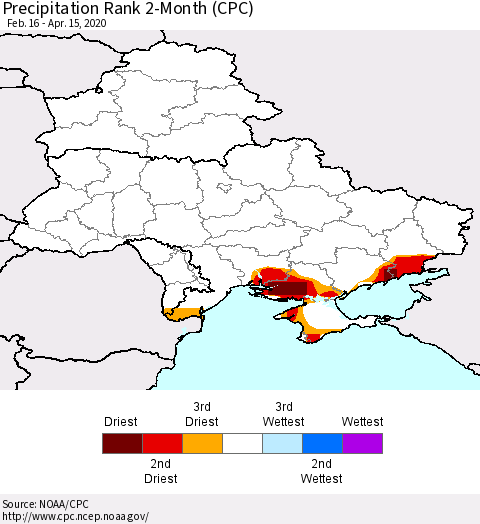 Ukraine, Moldova and Belarus Precipitation Rank 2-Month (CPC) Thematic Map For 2/16/2020 - 4/15/2020