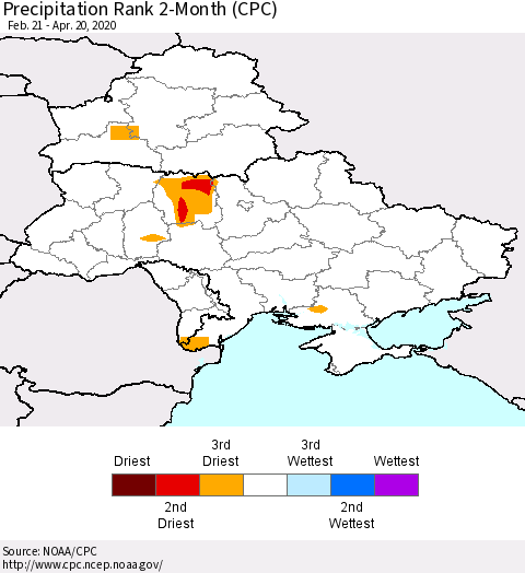Ukraine, Moldova and Belarus Precipitation Rank 2-Month (CPC) Thematic Map For 2/21/2020 - 4/20/2020