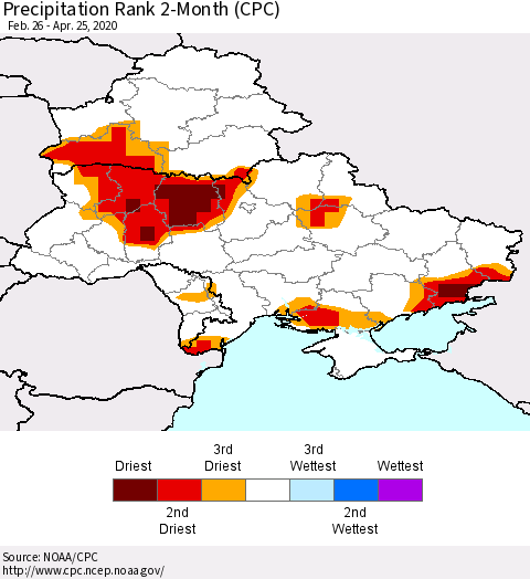 Ukraine, Moldova and Belarus Precipitation Rank since 1981, 2-Month (CPC) Thematic Map For 2/26/2020 - 4/25/2020