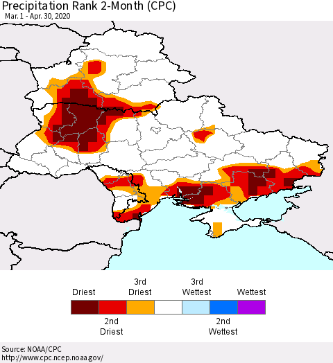 Ukraine, Moldova and Belarus Precipitation Rank since 1981, 2-Month (CPC) Thematic Map For 3/1/2020 - 4/30/2020