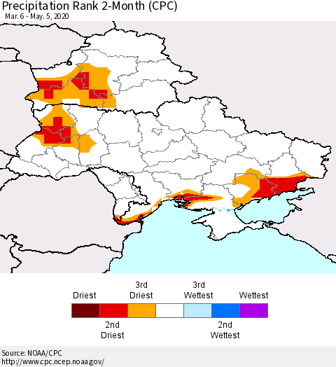 Ukraine, Moldova and Belarus Precipitation Rank 2-Month (CPC) Thematic Map For 3/6/2020 - 5/5/2020