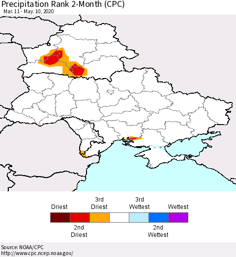 Ukraine, Moldova and Belarus Precipitation Rank 2-Month (CPC) Thematic Map For 3/11/2020 - 5/10/2020